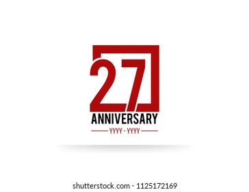 27 Anniversary logotype, simple red colored font number inside square isolated on white background