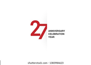 27 anniversary, minimalist logo. 27th jubilee, greeting card. Birthday invitation. 27 year sign. Red space vector illustration on white background - Vector