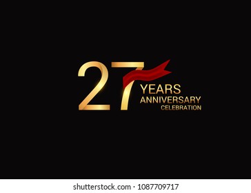 27 anniversary vector design golden colored with red ribbon isolated on black background