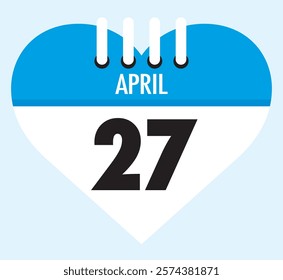 27 April calendar icon blue heart shape on light sky blue color background, calendar vector symbol for the month of April.
