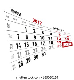 27 August highlighted on calendar 2017. Week starts from Monday. Vector Illustration.