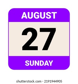 27 August, Sunday. Date template. Useful design for calendar or event promotion. Vector illustration EPS 10 File.  svg