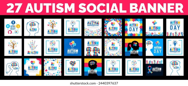 27 grandes megapaquetes de diseño de banner del Día de Concienciación sobre el Autismo en las redes sociales. Banner del día de la conciencia del autismo o conjunto grande del fondo con la pieza del rompecabezas, mano del niño, cinta, icono del amor, niña del niño, vector del niño.