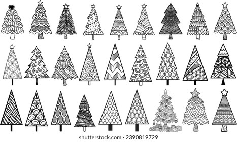 27 árboles de Navidad para colorear, grabar, diseño de camisetas, corte láser, etc. Ilustración vectorial.