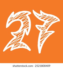 27 Classic Vintage Sport Jersey Uniform numbers in black with a black outside contour line number on white background for American football, Baseball and Basketball or soccer for shirt