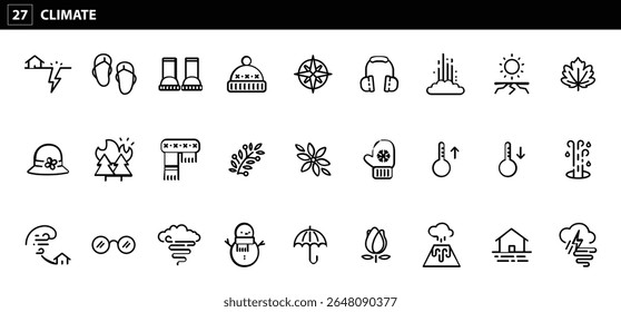 27 Climate Icons: Essential Visuals for Weather, Seasons, Natural Disasters, and Environmental Conditions