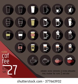 27 colored coffee cocktails vector icon set. Hot chocolate, latte, irish cream glass with marshmallows, cream on top. Round flat design signs with long shadow.