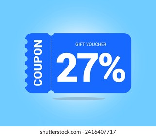 27% coupon promotion sale. Twenty seven percent Vector Gift Voucher. Blue discount, lucky ticket, special offer promo. Web, shopping label, percent sign. Special price offers.