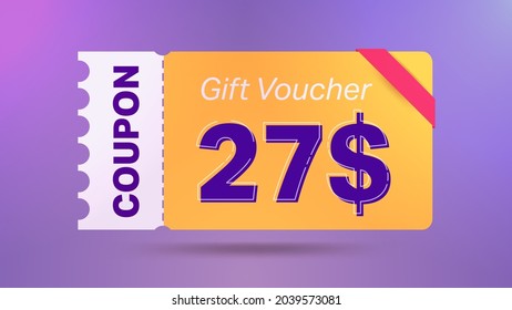 27$ coupon promotion sale for website, internet ads, social media. Big sale and super sale coupon code $27 discount gift voucher with coupon vector illustration summer offer ends weekend holiday
