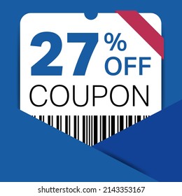 27% Coupon promotion sale for a website, internet ads, social media gift 27% off discount voucher. Big sale and super sale coupon discount. Price Tag Mega Coupon discount with vector illustration.