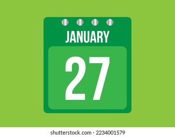 27 day january calendar vector. Calendar page icon for the month of january with metallic pin. Calendar on green background.
