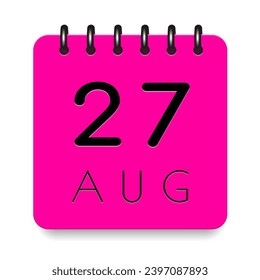 27 day of the month. August. Pink calendar daily icon. Black letters. Date day week Sunday, Monday, Tuesday, Wednesday, Thursday, Friday, Saturday. Cut paper. White background. Vector illustration. svg