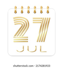 27 day of the month. July. Luxury calendar daily icon. Date day week Sunday, Monday, Tuesday, Wednesday, Thursday, Friday, Saturday. Gold text. White background. Vector illustration.