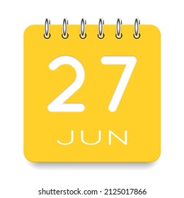 27 day of the month. June. Cute yellow calendar daily icon. Date day week Sunday, Monday, Tuesday, Wednesday, Thursday, Friday, Saturday. Cut paper. White background. Vector illustration.