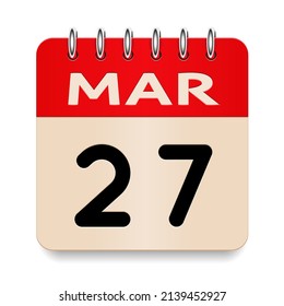 27 day of the month. March. Flip old formal calendar daily icon. Date day week Sunday, Monday, Tuesday, Wednesday, Thursday, Friday, Saturday. Cut paper. White background. Vector illustration. 3d