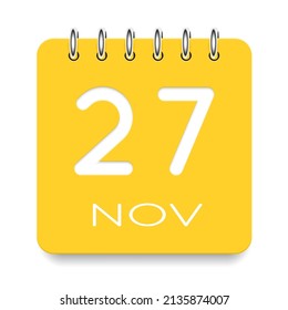 27 day of the month. November. Cute yellow calendar daily icon. Date day week Sunday, Monday, Tuesday, Wednesday, Thursday, Friday, Saturday. Cut paper. White background. Vector illustration.