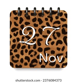 27 day of the month. November. Leopard print calendar daily icon. White letters. Date day week Sunday, Monday, Tuesday, Wednesday, Thursday, Friday, Saturday.  White background. Vector illustration.
