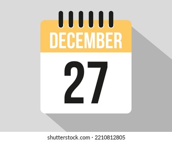 icono vectorial del calendario 27 de diciembre. Fecha de diciembre amarillo para los días del mes y la semana