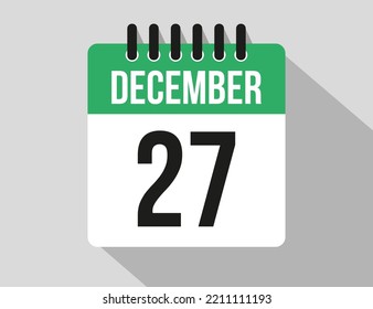 27 December calendar vector icon. Green December date for the days of the month and week