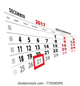 27 December highlighted on calendar 2017. Week starts from Monday. Vector Illustration.