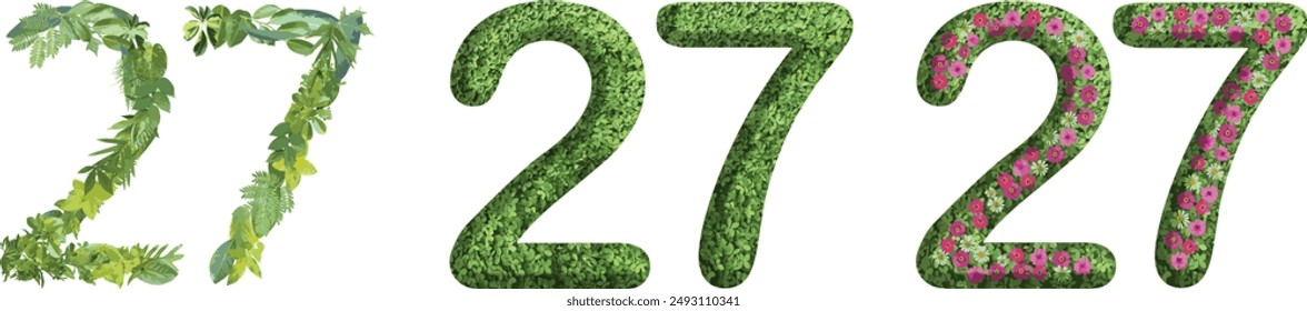 27, design made from green grass, leaves and flower, .suitable for birthday, anniversary and memorial day templates, go green concept	
