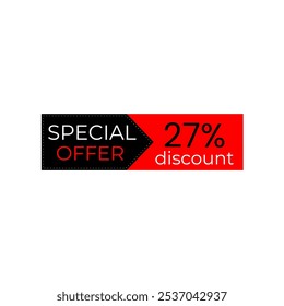 27% discount banner. Black and red banner. Offer tag. Shop promotions, commerce sales. Vector design. Twenty seven percent off.