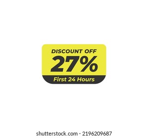 27% discount off price tag product banner label vector art illustration. Isolated on White Background in yellow color