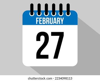 27 february calendar vector icon. Blue february date for the days of the month and the week on a light background