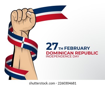 27 February. Vector illustration of Happy Independence Day greeting card for the country of Dominican Republic with clenched fists and a flag ribbon. Use for banners on a white background.