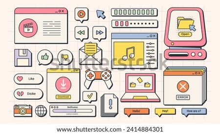 27 Flat Cartoon User Interface Elements. Old Computer Screen. Retro Vaporwave Vector Windows. Y2K style. 