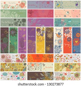 27 floral banners in vector. Romantic set in cartoon style. Horizontal and vertical cards with flowers, birds, hearts, branches. Spring and summer concept