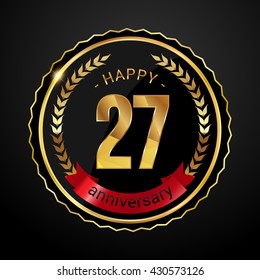 27 golden anniversary logo with red ribbon, low poly design number