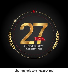 27 golden anniversary logo with red ribbon, low poly design number