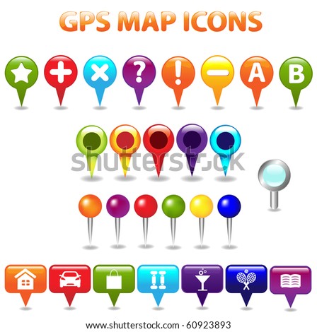 27 GPS Color Map Icons, Isolated On White Background, Vector Illustration