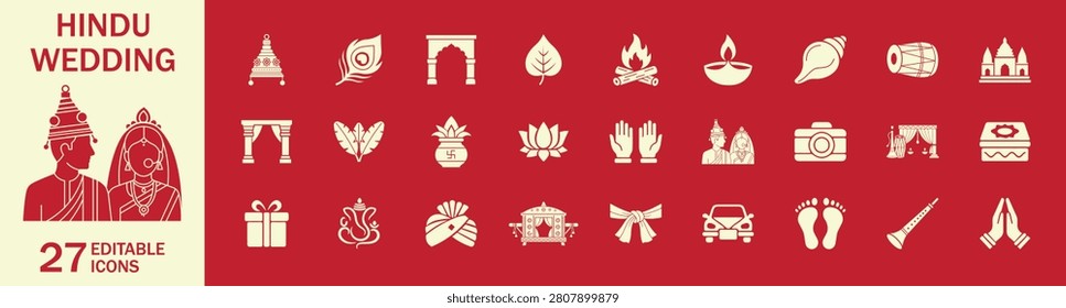 27 Hindu Wedding Editable Icons Set. Indian Marriage Ceremony Symbols Collection with Kalash, Mandap, Ganesh, Diya, Baraat, Gifts, and Traditional Ritual Elements