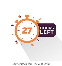 27 hours left  Countdown badge with vector number and timer stopwatch illustration.27 hours left offer, promo sticker, business limited special promotion, best deal emblem or logo isolated 