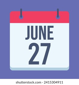 Calendario del 27 de junio. Fondo Azul. Calendario de vectores.

