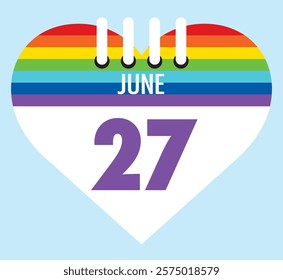 27 June calendar icon pride color heart shape on light sky blue color background, calendar vector symbol for the month of  June.