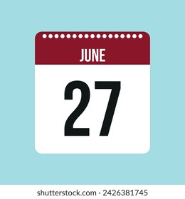 27 June calendar vector icon. Red and black June date for the days of the month and the week on a light background