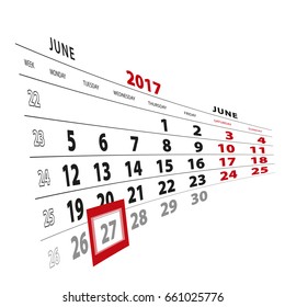 27 June highlighted on calendar 2017. Week starts from Monday. Vector Illustration.