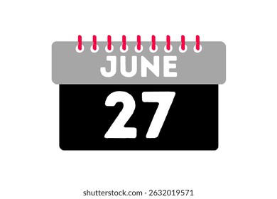 27 de junio mes Vector de un solo día, ilustración, calendario con ceniza, negro, rojo y blanco color de fondo icono de calendario del 27 de junio