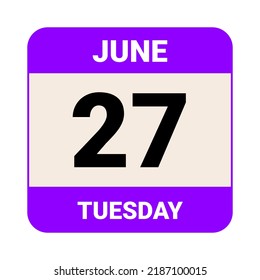 27 de junio, martes. Plantilla de fecha. Diseño útil para la promoción de calendarios o eventos. Ilustración vectorial Archivo EPS 10.