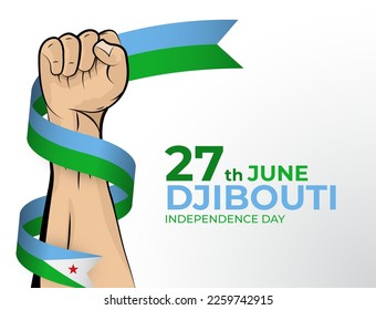 27 June. Vector illustration of Happy Independence Day greeting card for the country of DJibouti with clenched fists and a flag ribbon. Use for banners on a white background.