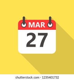 27 march calendar flat style icon with long shadow.