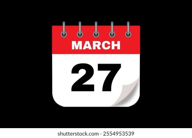 27 March calendar icon text page monthly web design on red, white and black background vector, icon, or illustration with the month of March 27