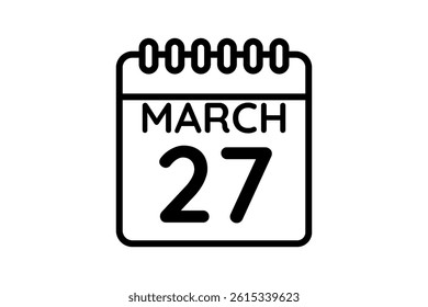 27 March calendar icon text page monthly web design on black and white background vector, icon, or illustration with the month of March 27