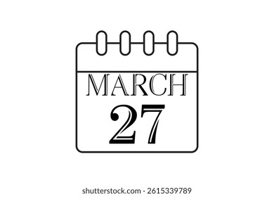 27 March calendar icon text page monthly web design on black and white background vector, icon, or illustration with the month of March 27