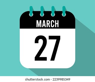 27 March calendar icon. Vector black for the month of March with shadow effect