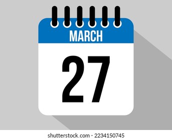 Icono vectorial del calendario 27 de marzo. Fecha de la Marcha Azul para los días del mes y de la semana en un fondo claro