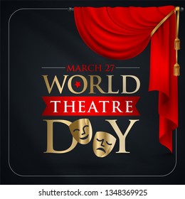 27 Mart Dünya Tiyatrolar Günü. Translation: March 27, World theatre day, concept greeting card, with curtains and Scene with red velvet curtain, theatrical masks. Template, vector, illustration.